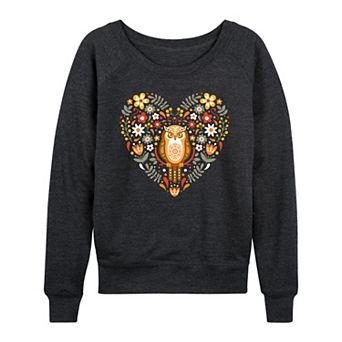 Women's Scandinavian Owl Floral Heart French Terry Long Sleeve Tee