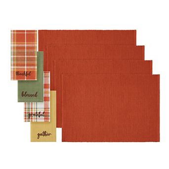 Elrene Home Fashions Harvest Sentiments Placemat and Napkin Value Set of 8 (4 of Each)