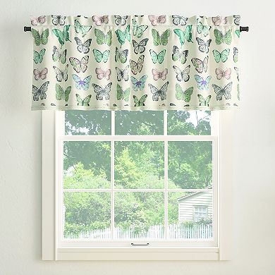 No. 918 Marepesia Butterfly Print Embroidered Trim Semi-Sheer Rod Pocket Curtain Valance or Window Curtain Panel