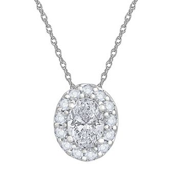 Diamond Medley 14k White Gold 1 Carat T.W. Lab-Grown Diamond Oval Halo Pendant Necklace