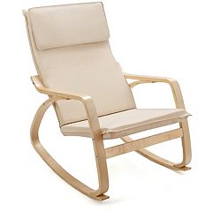 JOMEED Wooden Rocking Chair Armchair with Fabric Padded Seat and Footrest, Beige