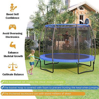 Recreational Trampoline with Basketball Hoop and Net Ladder - 12 ft