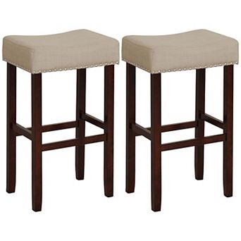 2 pc Saddle Counter Stools Rubber Wood Frame Curved Seat Linen Upholstery for Kitchen Island