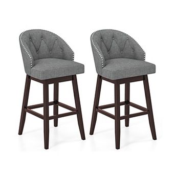 2 pc Swivel Bar Stools Set with Tufted Seat and Wood Legs