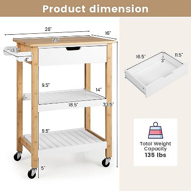 3-Tier Kitchen Island Cart Rolling Service Trolley with Bamboo Top