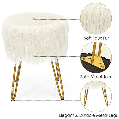 Faux Fur Vanity Stool Chair with Metal Legs for Bedroom and Living Room