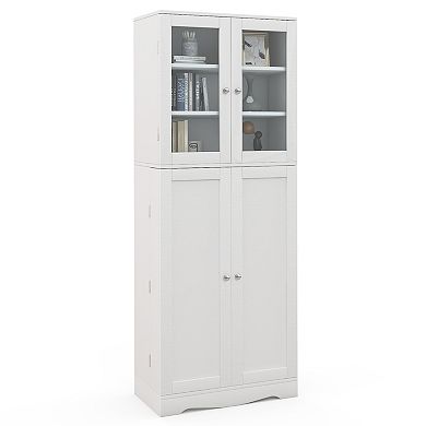 Tall Kitchen Pantry Cabinet with Dual Tempered Glass Doors and Shelves