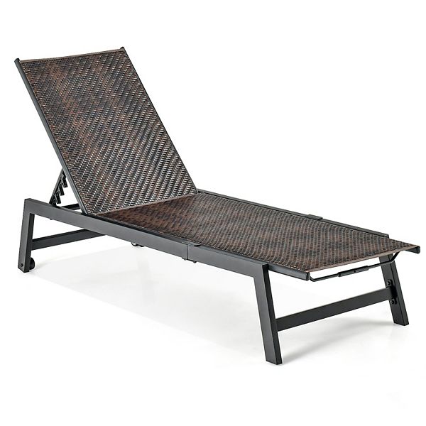 Patio PE Rattan Chaise Lounge with 5Level Backrest and WheelsBrown