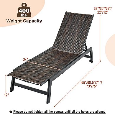 Patio PE Rattan Chaise Lounge with 5-Level Backrest and Wheels-Brown