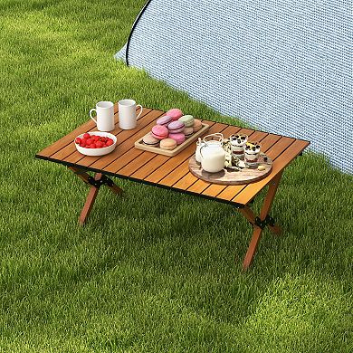 Folding Lightweight Aluminum Camping Table with Wood Grain