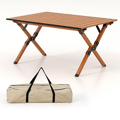 Folding Lightweight Aluminum Camping Table with Wood Grain