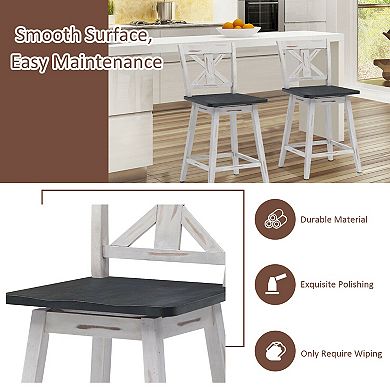 Set of 2 Swivel Counter Height Bar Stools with Solid Wood Legs