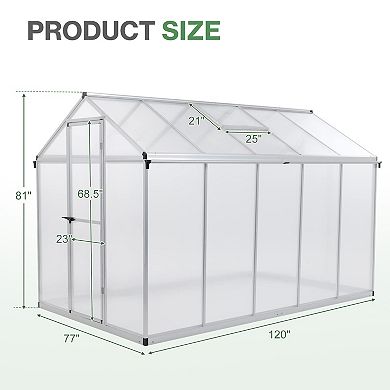 Aoodor 6' x 10' Walk-in Polycarbonate Greenhouse with Roof Vent and Door lock - Black