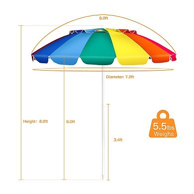 8 Feet Portable Beach Umbrella with Sand Anchor and Tilt Mechanism for Garden and Patio