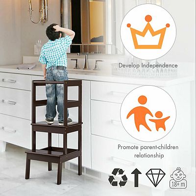 Wooden Kids Kitchen Step Stool with Safety Rail Solid Pine Wood Construction Lightweight Portable