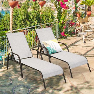 2 Pcs Outdoor Patio Lounge Chair Chaise Fabric with Adjustable Reclining Armrest