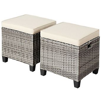 2 pc Outdoor Wicker Ottoman Set with Cushions for Patio, Footrest and Seating