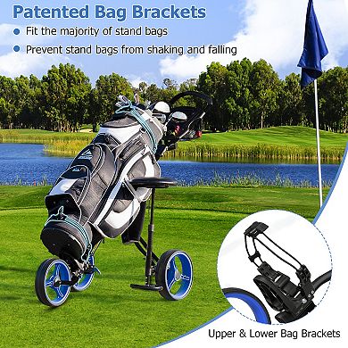 Foldable 3 Wheels Push Pull Golf Trolley with Scoreboard Bag