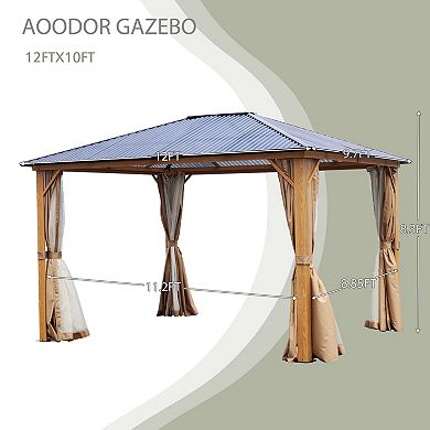 Aoodor Gazebo Polycarbonate Roof, Wooden Print Aluminum Frame With Mosquito Netting And Curtain