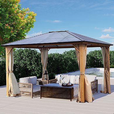 Aoodor Gazebo Polycarbonate Roof, Wooden Print Aluminum Frame With Mosquito Netting And Curtain