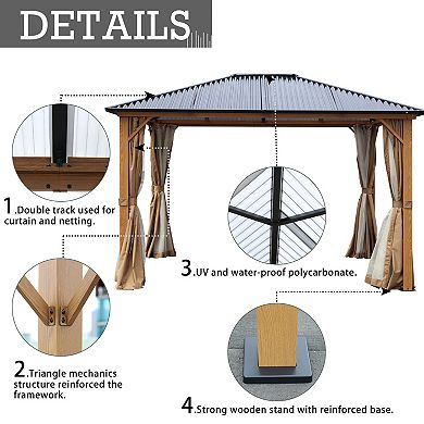 Aoodor Gazebo Polycarbonate Roof, Wooden Print Aluminum Frame With Mosquito Netting And Curtain