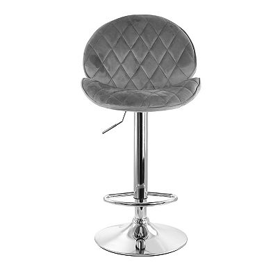 Elama 2 Piece Diamond Tufted Velvet Material Adjustable Bar Stool in Gray with Chrome Trim and Base