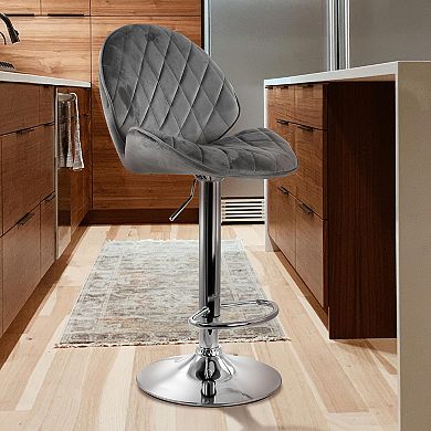 Elama 2 Piece Diamond Tufted Velvet Material Adjustable Bar Stool in Gray with Chrome Trim and Base