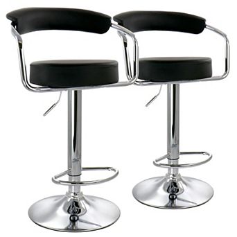 Elama 2 pc Faux Leather Retro Adjustable Bar Stool in Black with Chrome Handles and Base