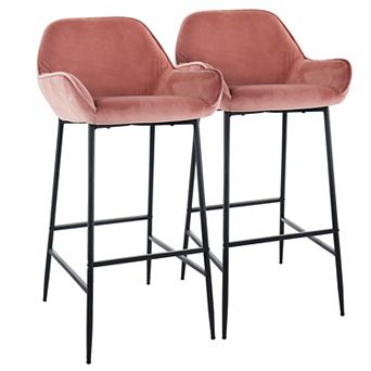 Elama 2 pc Velvet Bar Stool in Blush Pink with Black Legs