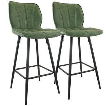 Elama 2 pc Faux Leather Bar Chair in Green with Metal Legs