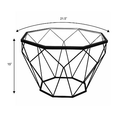 LeisureMod Malibu Modern 23" Octagon Glass Top Side Accent Table Metal Geometry Base