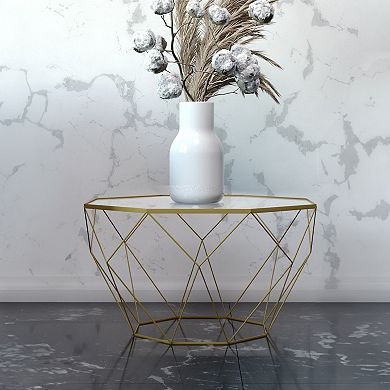 LeisureMod Malibu Modern 23" Octagon Glass Top Side Accent Table Metal Geometry Base