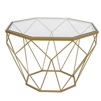 LeisureMod Malibu Modern 23" Octagon Glass Top Side Accent Table Metal Geometry Base