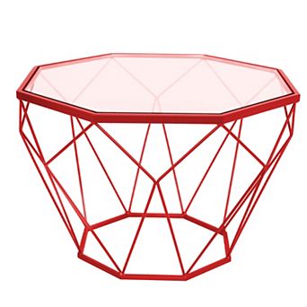 LeisureMod Malibu Modern 23" Octagon Glass Top Side Accent Table Metal Geometry Base