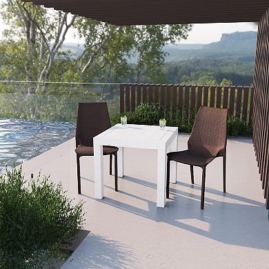 LeisureMod Kent Outdoor White Table With 2 Brown Chairs Dining Set