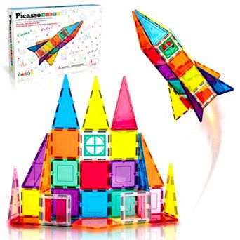 PicassoTiles 36 pc Rocket Set, Magnetic Tiles, Magnetic Building Blocks for Kids, Magnet for Kids 3+