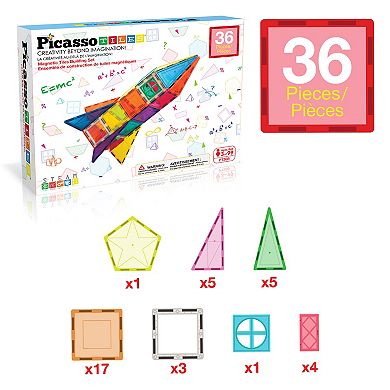 PicassoTiles 36 PC Rocket Set, Magnetic Tiles, Magnetic Building Blocks for Kids, Magnet for Kids 3+