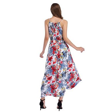 Womens V Neck Adjustable Spaghetti Strap Dress Sleeveless Boho Beach Floral Maxi Dress With Pockets