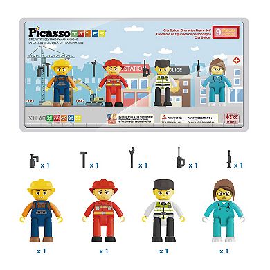 PicassoTiles 4 PC City Builder Character Figure Set, Magnetic Tiles Building Blocks for Kids 3+