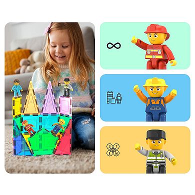 PicassoTiles 4 PC City Builder Character Figure Set, Magnetic Tiles Building Blocks for Kids 3+