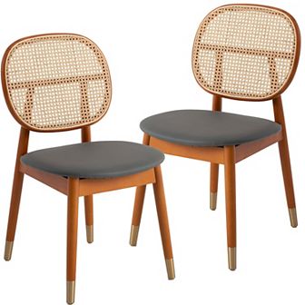 LeisureMod Holbeck Wicker Dining Chair with Leather Seat Set of 2