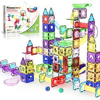 PicassoTiles 40 pc Marble Run Race Track Building Block & Magnetic Tiles, STEM Toy for Kids 3+
