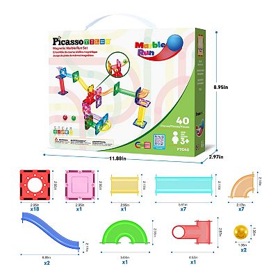 PicassoTiles 40 PC Marble Run Race Track Building Block & Magnetic Tiles, STEM Toy for Kids 3+