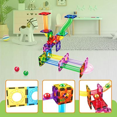 PicassoTiles Marble Run Magnetic Tile Race Track - 40 Piece STEM Building Toy For Kids Ages 3+