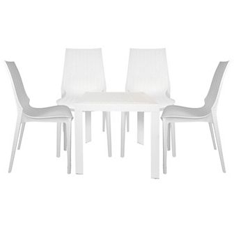 LeisureMod Kent Outdoor White Table With 4 Grey Chairs Dining Set