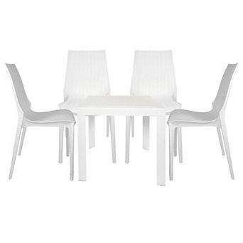 LeisureMod Kent Outdoor White Table With 4 Grey Chairs Dining Set