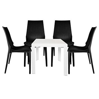 LeisureMod Kent Outdoor White Table With 4 Grey Chairs Dining Set
