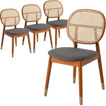 LeisureMod Holbeck Wicker Dining Chair with Leather Seat Set of 4