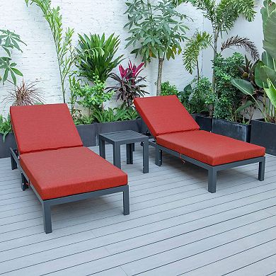 LeisureMod Chelsea Modern Outdoor Chaise Lounge Chair Set of 2 With Side Table & Cushions