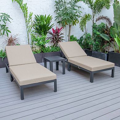 LeisureMod Chelsea Modern Outdoor Chaise Lounge Chair Set of 2 With Side Table & Cushions